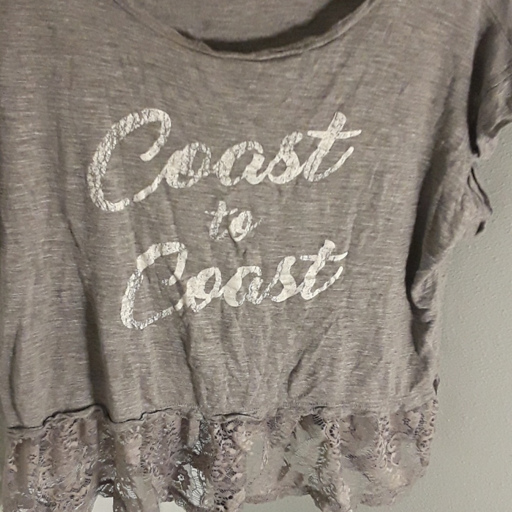 Coast to Coast grey heather slogan tee lace trim
